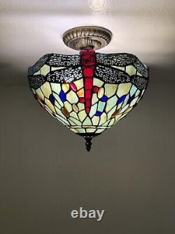 Enjoy Tiffany Style Jade Green Stained Glass Ceiling Lamp Dragonfly Vintage H12