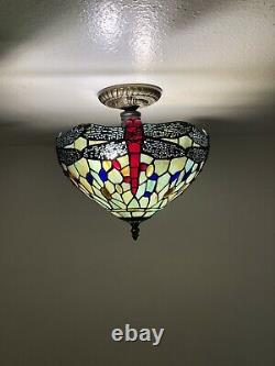 Enjoy Tiffany Style Jade Green Stained Glass Ceiling Lamp Dragonfly Vintage H12
