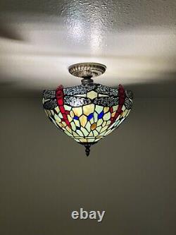 Enjoy Tiffany Style Jade Green Stained Glass Ceiling Lamp Dragonfly Vintage H12