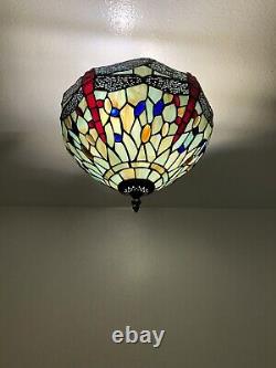 Enjoy Tiffany Style Jade Green Stained Glass Ceiling Lamp Dragonfly Vintage H12