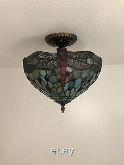 Enjoy Tiffany Style Jade Green Stained Glass Ceiling Lamp Dragonfly Vintage H12