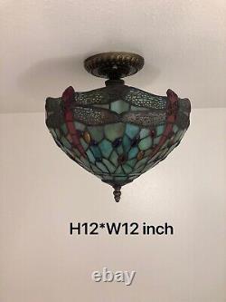 Enjoy Tiffany Style Jade Green Stained Glass Ceiling Lamp Dragonfly Vintage H12