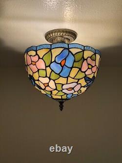 Enjoy Tiffany Style Stained Glass Ceiling Lamp Hummingbird Flowers Vintage H12