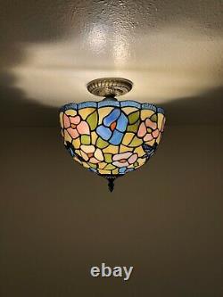 Enjoy Tiffany Style Stained Glass Ceiling Lamp Hummingbird Flowers Vintage H12