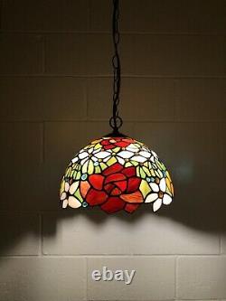Enjoy Tiffany Style Stained Glass Rose Flowers Vintage Hanging Lighting H60W12