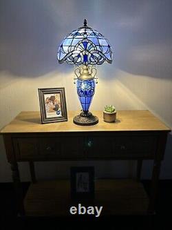 Enjoy Tiffany Style Table Lamp Blue Stained Glass Baroque Style LED Bulbs H22