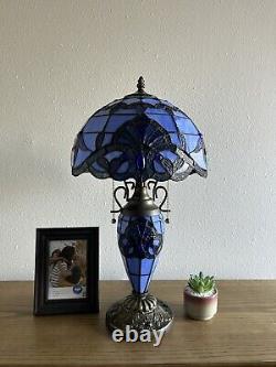 Enjoy Tiffany Style Table Lamp Blue Stained Glass Baroque Style LED Bulbs H22