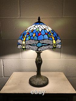 Enjoy Tiffany Style Table Lamp Blue Stained Glass Dragonfly Vintage H19W12 Inch
