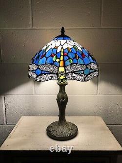 Enjoy Tiffany Style Table Lamp Blue Stained Glass Dragonfly Vintage H19W12 Inch