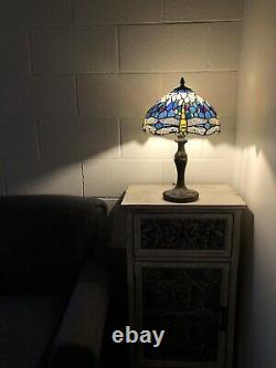 Enjoy Tiffany Style Table Lamp Blue Stained Glass Dragonfly Vintage H19W12 Inch