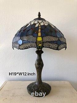 Enjoy Tiffany Style Table Lamp Blue Stained Glass Dragonfly Vintage H19W12 Inch