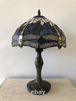 Enjoy Tiffany Style Table Lamp Blue Stained Glass Dragonfly Vintage H19W12 Inch