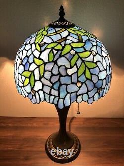 Enjoy Tiffany Style Table Lamp Blue Stained Glass Flowers Leaf Vintage 22H12W