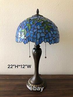 Enjoy Tiffany Style Table Lamp Blue Stained Glass Flowers Leaf Vintage 22H12W