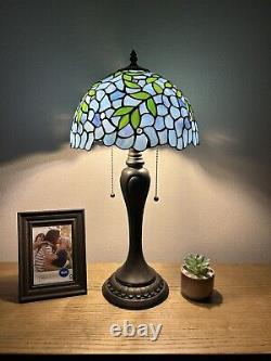 Enjoy Tiffany Style Table Lamp Blue Stained Glass Green Leaf Vintage H22W12 In