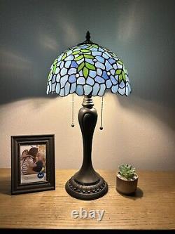 Enjoy Tiffany Style Table Lamp Blue Stained Glass Green Leaf Vintage H22W12 In