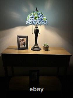 Enjoy Tiffany Style Table Lamp Blue Stained Glass Green Leaf Vintage H22W12 In