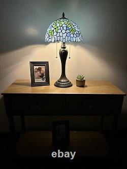 Enjoy Tiffany Style Table Lamp Blue Stained Glass Green Leaf Vintage H22W12 In