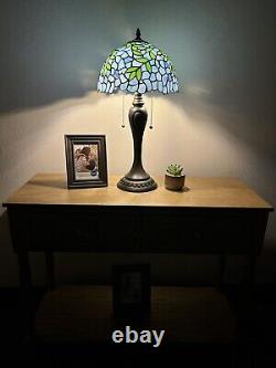 Enjoy Tiffany Style Table Lamp Blue Stained Glass Green Leaf Vintage H22W12 In