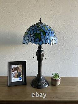 Enjoy Tiffany Style Table Lamp Blue Stained Glass Green Leaf Vintage H22W12 In