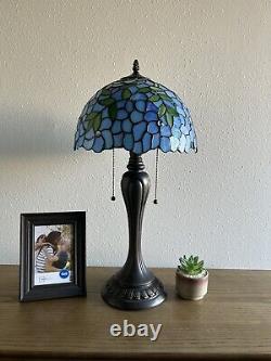 Enjoy Tiffany Style Table Lamp Blue Stained Glass Green Leaf Vintage H22W12 In