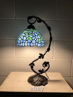 Enjoy Tiffany Style Table Lamp Blue Stained Glass Green Leave Vintage H21W11 In