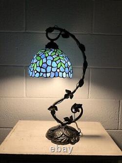 Enjoy Tiffany Style Table Lamp Blue Stained Glass Green Leave Vintage H21W11 In