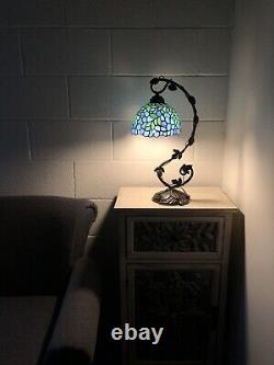 Enjoy Tiffany Style Table Lamp Blue Stained Glass Green Leave Vintage H21W11 In