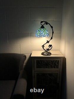 Enjoy Tiffany Style Table Lamp Blue Stained Glass Green Leave Vintage H21W11 In