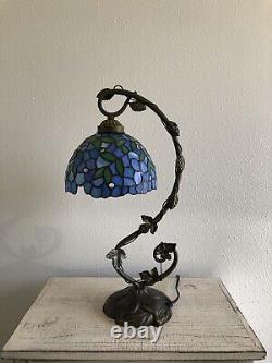 Enjoy Tiffany Style Table Lamp Blue Stained Glass Green Leave Vintage H21W11 In