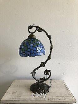 Enjoy Tiffany Style Table Lamp Blue Stained Glass Green Leave Vintage H21W11 In