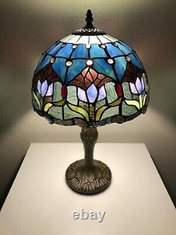 Enjoy Tiffany-Style Table Lamp Blue Stained Glass Tulip Flowers Vintage 19H12W