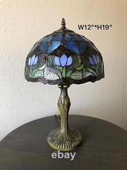 Enjoy Tiffany-Style Table Lamp Blue Stained Glass Tulip Flowers Vintage 19H12W