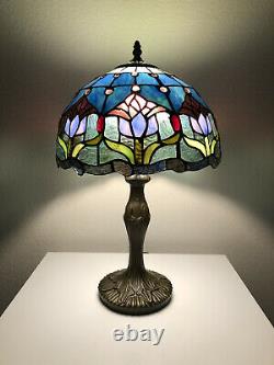 Enjoy Tiffany-Style Table Lamp Blue Stained Glass Tulips Flower Vintage 19H12W