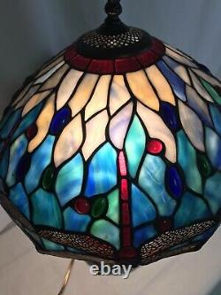 Enjoy Tiffany Style Table Lamp Dragonfly Green Blue Stained Glass Vintage 18H