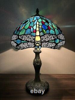 Enjoy Tiffany Style Table Lamp Dragonfly Green Blue Stained Glass Vintage 19H