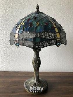 Enjoy Tiffany Style Table Lamp Dragonfly Green Blue Stained Glass Vintage 19H