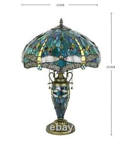 Enjoy Tiffany Style Table Lamp Dragonfly Green Blue Stained Glass Vintage H24
