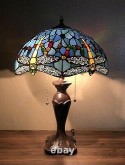 Enjoy Tiffany Style Table Lamp Dragonfly Sky Blue Stained Glass Vintage 24H16W