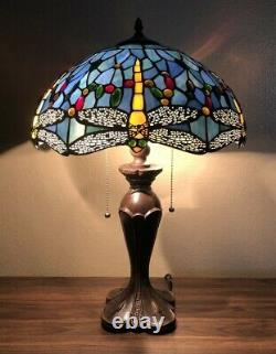 Enjoy Tiffany Style Table Lamp Dragonfly Sky Blue Stained Glass Vintage 24H16W