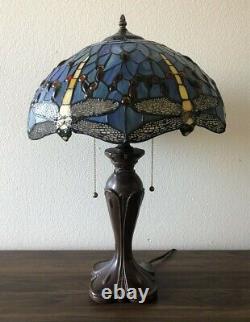 Enjoy Tiffany Style Table Lamp Dragonfly Sky Blue Stained Glass Vintage 24H16W