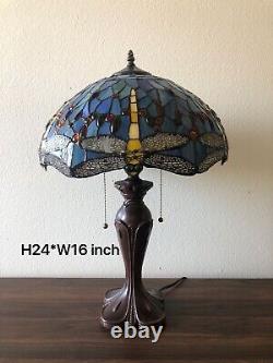 Enjoy Tiffany Style Table Lamp Dragonfly Sky Blue Stained Glass Vintage 24H16W