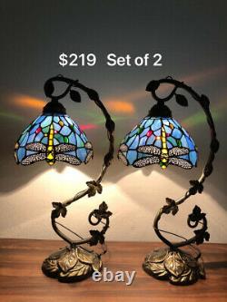 Enjoy Tiffany Style Table Lamp Dragonfly Sky Blue Stained Glass Vintage Set of 2