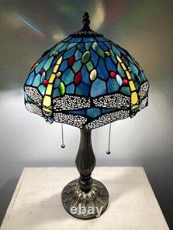 Enjoy Tiffany Style Table Lamp Green Blue Stained Glass Dragonfly Vintage 22H12W
