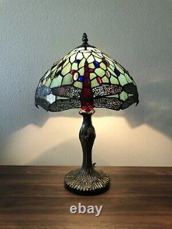 Enjoy Tiffany Style Table Lamp Jade GreeStained Glass Dragonfly Vintage 19H12W