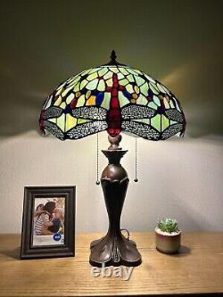 Enjoy Tiffany Style Table Lamp Jade Green Stained Glass Dragonfly Vintage H24