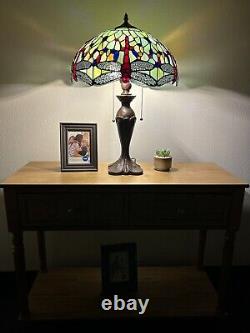 Enjoy Tiffany Style Table Lamp Jade Green Stained Glass Dragonfly Vintage H24