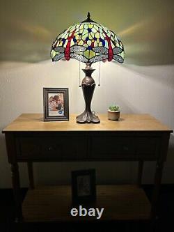 Enjoy Tiffany Style Table Lamp Jade Green Stained Glass Dragonfly Vintage H24