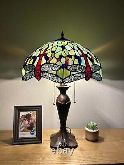 Enjoy Tiffany Style Table Lamp Jade Green Stained Glass Dragonfly Vintage H24