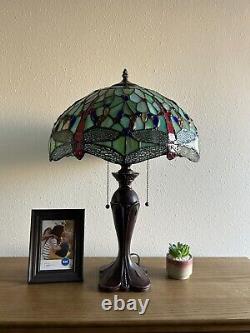 Enjoy Tiffany Style Table Lamp Jade Green Stained Glass Dragonfly Vintage H24